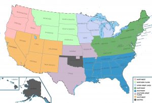 Map of the different regions used for the Our Youth, Our Future study. Image shows the United States of America separated into 7 regions: Northwest, Northern Plains, Upper Great Lakes, Northeast, Southeast, Southern Great Plains, and Southwest. It also shows areas omitted from the study (Alaska, Hawaii, and all but one area in Oklahoma)